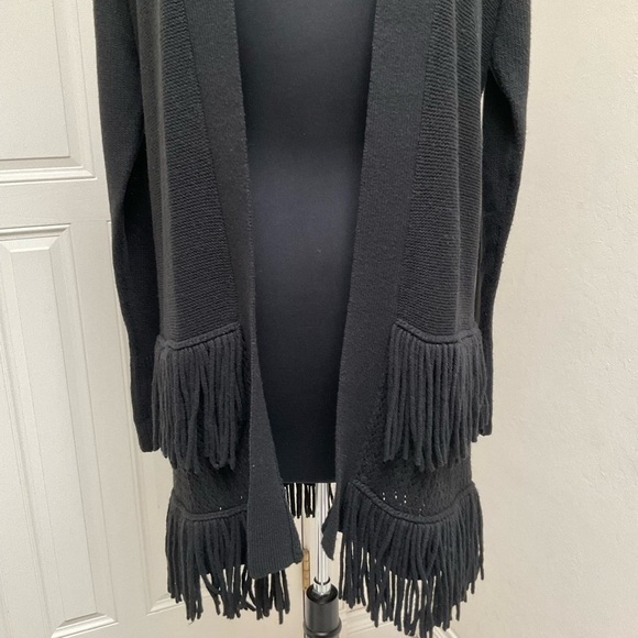 Rebecca Taylor Black Cashmere Wool Blend Fringe Open Front Knit Cardigan - Picture 4 of 12